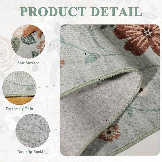 DUKINO 4x6 Area Rug, Floral Washable Office Chair Rug Non Slip, Sage Green | Low Pile, Stain Resistant, Soft Indoor Rug for Bedroom, Living Room, Dining Room, Kids Room, Pet Friendly, Modern Home Decor
