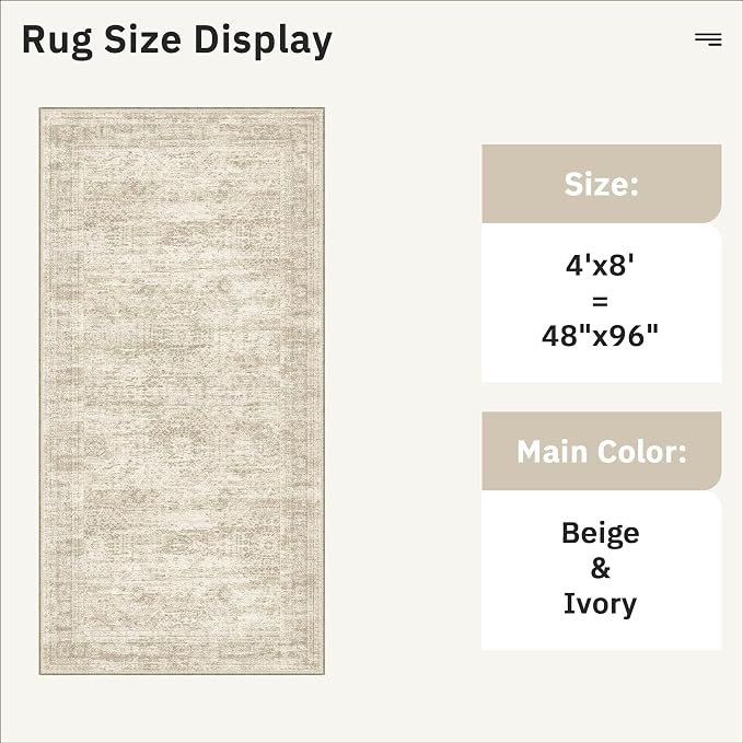 Soalmost Washable 4x8 Hallway Runner Rug Non-Slip Kitchen Entry Rugs Beige | Vintage Wide Runners for Living Dining Room Entryway, Foldable Low-Pile Floor Carpet Mat 8ft for Corridor Foyer Bedroom