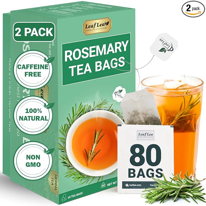 LeafLea Rosemary Tea Bags, Single-Ingredient Rosemary Leaf Tea, 80 Count | 2 Boxes to Stock Up or Share, Smooth Earthy Te De Romero, Individually Foil-Wrapped, Caffeine-Free, Vegan