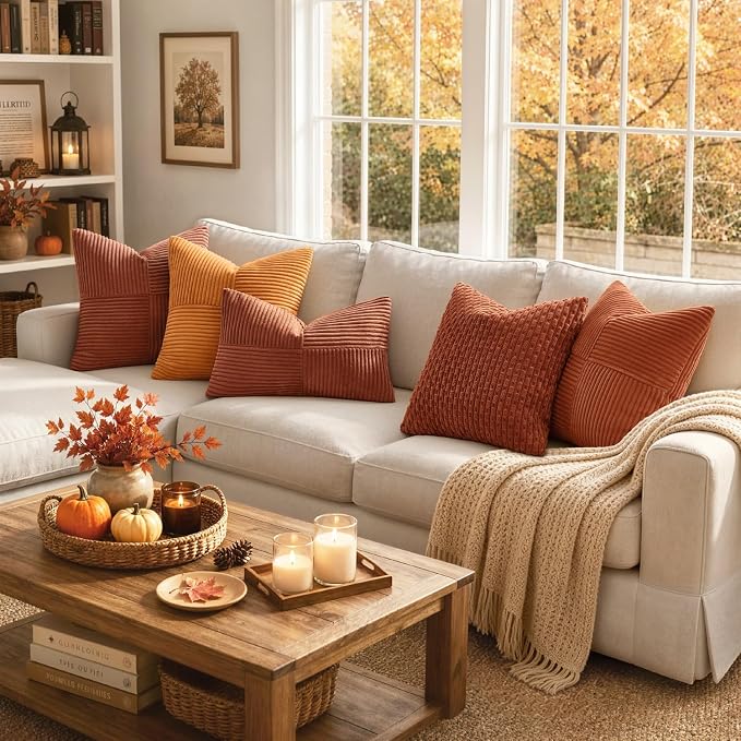 MIULEE Fall Rust Decorative Lumbar Throw Pillow Covers 12x20 Inch 2 Pack | Boho Farmhouse Pillow Covers, Soft Cross Corduroy Patchwork Textured Cushion Cases For Bed Sofa
