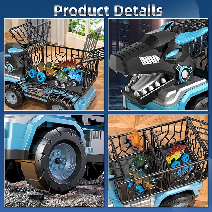 Toddler Robot Dinosaur Truck Toys for Kids Boys Ages 3-5 5-7, Black Carrier Dinosaur Truck with 5 Pull Back Dino Cars, 3 4 5 6 7 Years Old Boys Girls Birthday