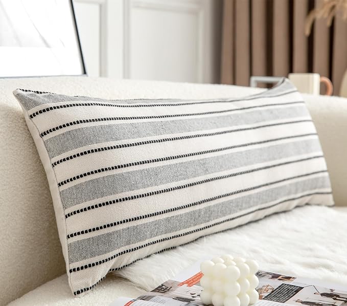 Cethom Decorative Boho Lumbar Pillow Covers, Modern Farmhouse Couch Pillowcase, 14 x 36 Long Accent Body Throw Pillow Covers, Sofa Bed Living Room Decor Cushion Case, Black and Beige, Pack of 1