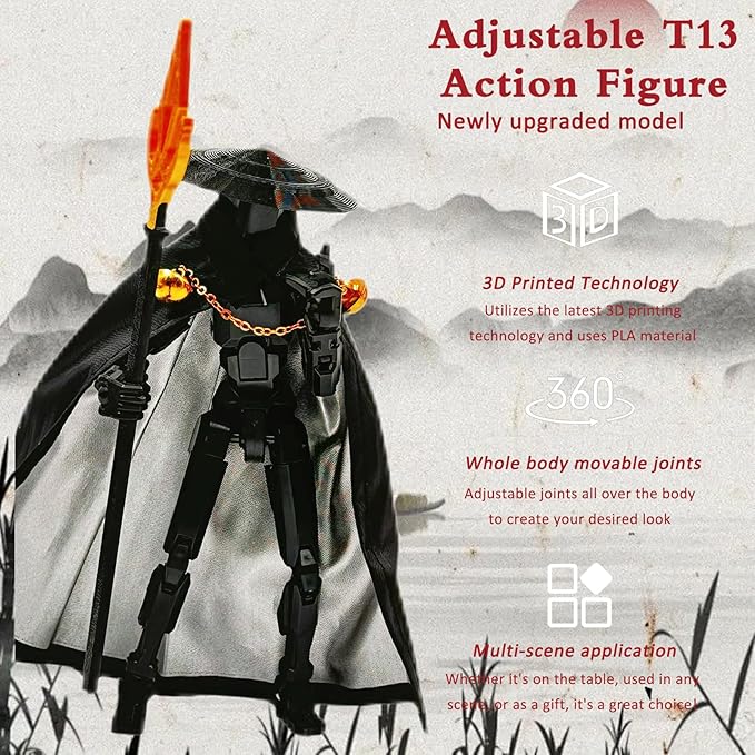 Assembly Completed Lucky 13 Action Figures, T13 Action Figure,3D Printed T13 Action Figure Multi-Jointed Movable, Dummy Hand Painted Figure, Desktop Decorations Game Gifts (Black Blue)