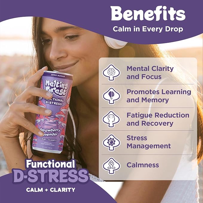 Melting Forest Functional Mushroom D-Stress - Adaptogen Drink w/L-Theanine, Reishi, Lion's Mane & Magnesium - Relaxation Drinks for Stress Relief - 0 Sugar, 5 Calories - Strawberry Lavender (12-Pack)