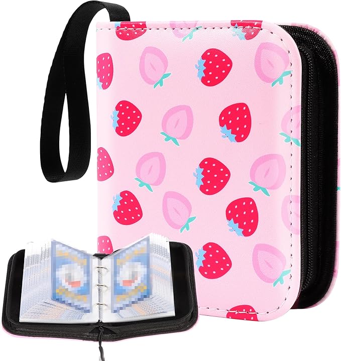 Small 1 Pocket Card Binder for Cards,Mini Trading Card Binder Holder Fits 80 Cards with 40 Removable Sleeves,Card Collection Binder Album Book Case for TCG,MTG,Sports Games (Strawberry Peach)