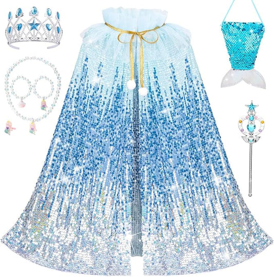 Meland Princess Dress Up for Girls 3-8, 11Pcs Mermaid Cape with Crown, Dress Up Clothes Birthday Gift Toys for Girls Toddlers