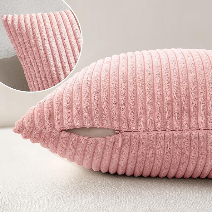 MIULEE Decorative Corduroy Throw Pillow Covers Set of 2 18x18 Pink | Soft Striped Textured Cushion Cases, Boho Square Lovely Cute Pillowcases, Home Decor for Couch Chair Sofa Bed Living Room