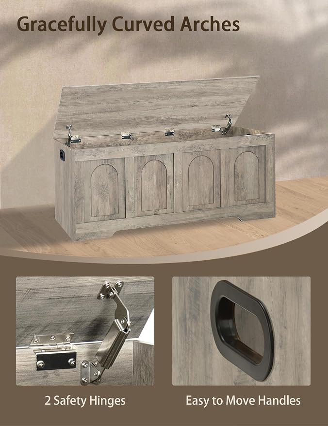 Storage Chest, Wooden Toy Box, Gray Wash 47.2" L | Entryway Shoe Bench, 2 Soft-close Hinges, Finger-safe Flip-Top Lid, Easy Assembly, Farmhouse Large Trunk, Living Room/Bedroom