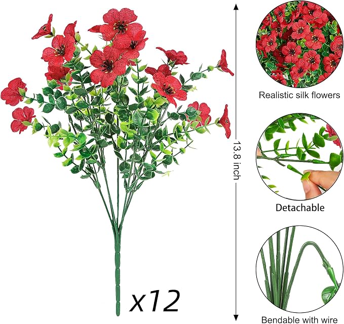 Ouddy Decor 12 Pcs Artificial Flowers for Outdoors Decorations, Red | Lifelike silk flowers, UV resistant, faux plastic plants, for garden porch window table vase home indoor outdoor decor