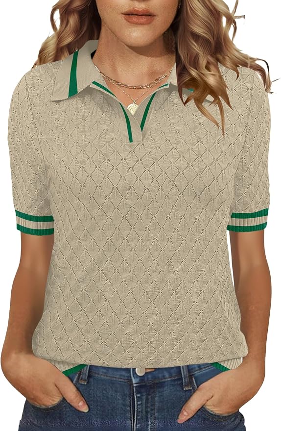 Rapbin Womens Short Sleeve Knit Polo Shirts Summer Spring Sweater Tops | Classic V Neck Collared Shirts Lightweight Business Casual Basic Fashion Pullover Polo Sweater for Work Formal Daily Wear