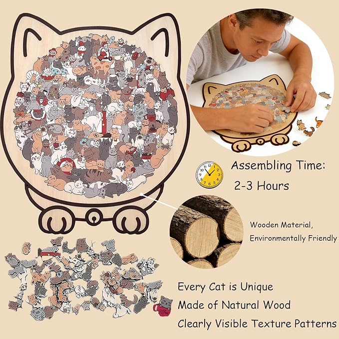 Cat Puzzle, 135-Piece Wooden Cat Shaped Jigsaw Puzzle, Morandi Colored Animal Fun Relaxing Jigsaw Puzzles Gifts for Adults Cat Lovers, Home Decor