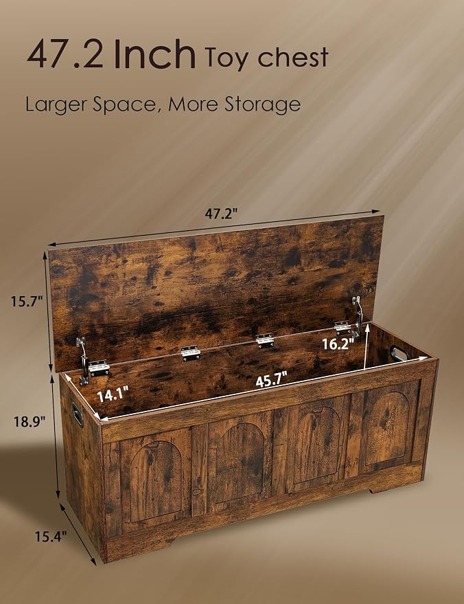 Storage Chest, Wooden Toy Box, Rustic Brown 47.2" L | Entryway Shoe Bench, 2 Soft-close Hinges, Finger-safe Flip-Top Lid, Easy Assembly, Farmhouse Large Trunk, Living Room/Bedroom