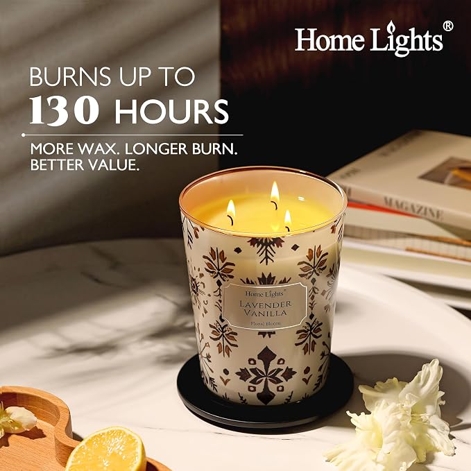 HomeLights Large jar Candle | 3-Wick Long-Lasting Scented Candles, 34oz Natural Soy Wax Candle for Home Scented, Bohemian Natural Textures Gifts for Women & Men, Lavender Vanilla