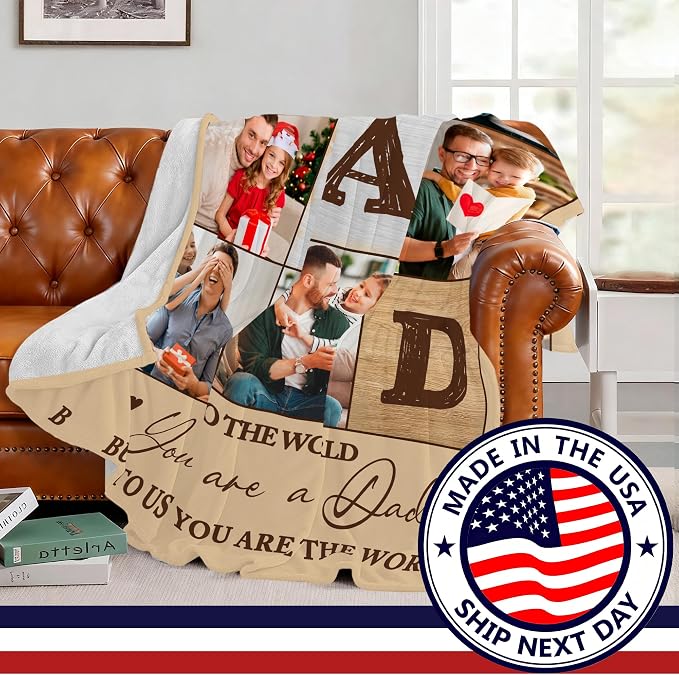 SHIPS NEXT DAY Personalized Fathers Day Birthday Gifts from Daughter Son Kids Wife Customized Father's Day Christmas Dad Husband Grandpa Papa Unique Gifts Custom Photos Blanket with Picture Text