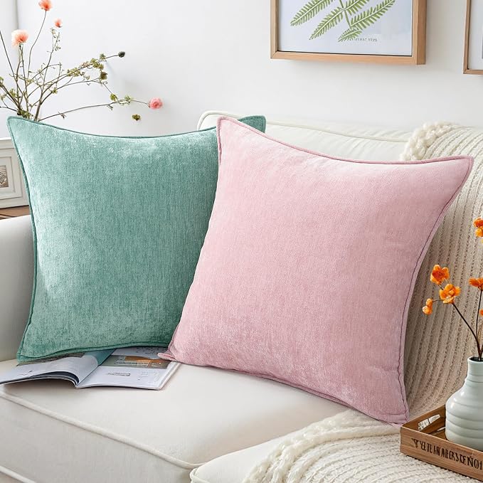 decorUhome Chenille Blush Pink Velvet Throw Pillow Covers 24x24 Set of 2 | Fall Soft Euro Sham Couch Decorative Modern Farmhouse Pillow Cases with Elegant Design for Sofa Bed Living Room Home Decor