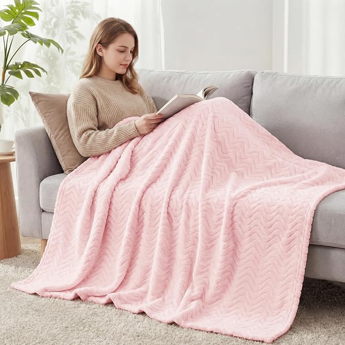 Exclusivo Mezcla Large Fleece Throw Blanket for Couch, Sofa, Light Pink | 50"x70" Soft Breathable Lightweight Flannel Throws for Summer, Plush Cozy Jacquard Wave Blanket for Home Decor