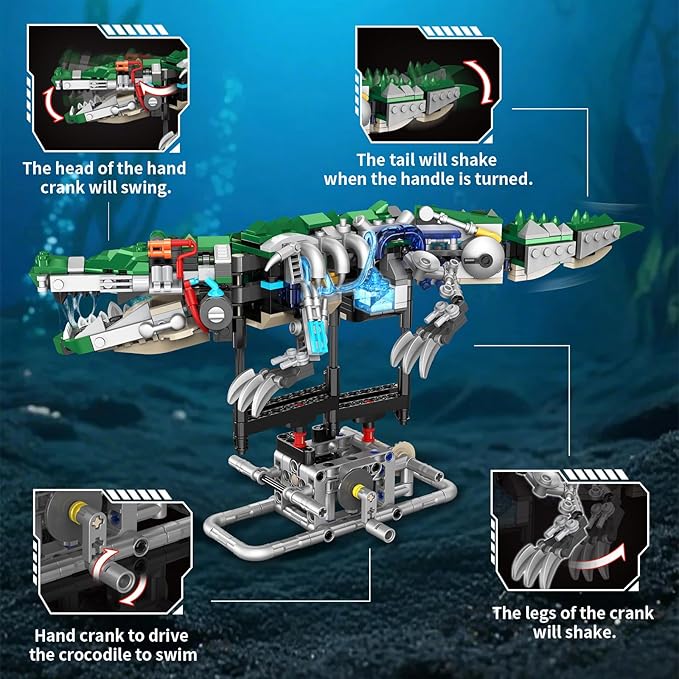 Mechanical Crocodile Building Set with Lights, Rotatable Link Components & Display Stand, STEM Building Set for Boys 8-14, Home Office Decor for Adults, Mechanical Enthusiasts（648PCS）