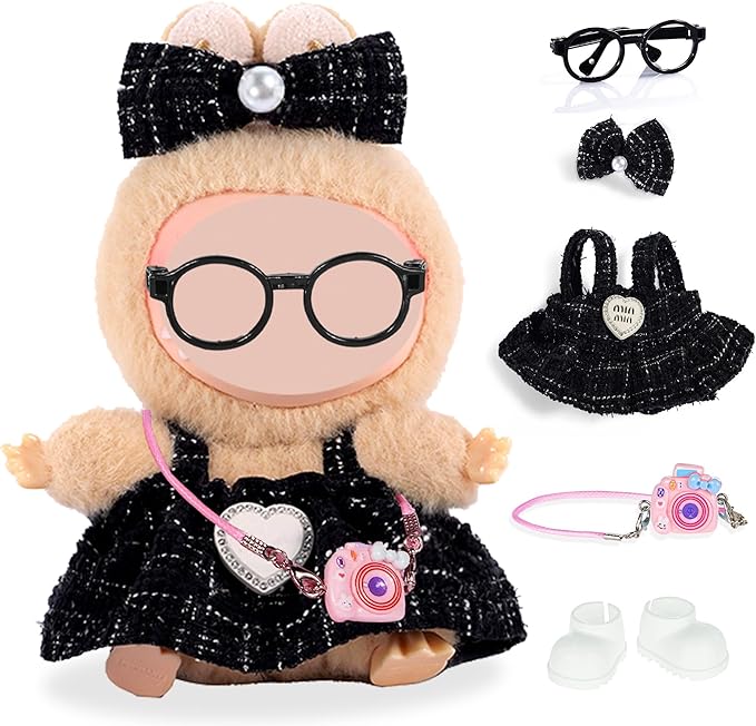 Fashion 17cm Chic Doll Clothes Accessories Set Include: 1 Hairpin, 1 Dress, 1 Glasses, 1 Bag and 1 Shoes for Dress up Your Dolls (Doll Not Included), Chic #Black