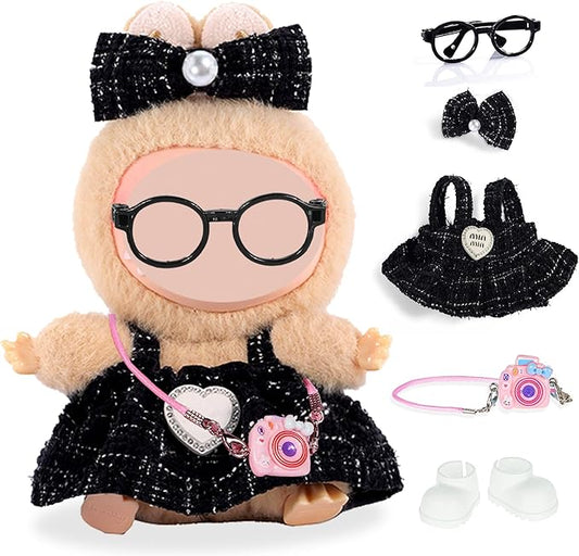 Fashion 17cm Chic Doll Clothes Accessories Set Include: 1 Hairpin, 1 Dress, 1 Glasses, 1 Bag and 1 Shoes for Dress up Your Dolls (Doll Not Included), Chic #Black