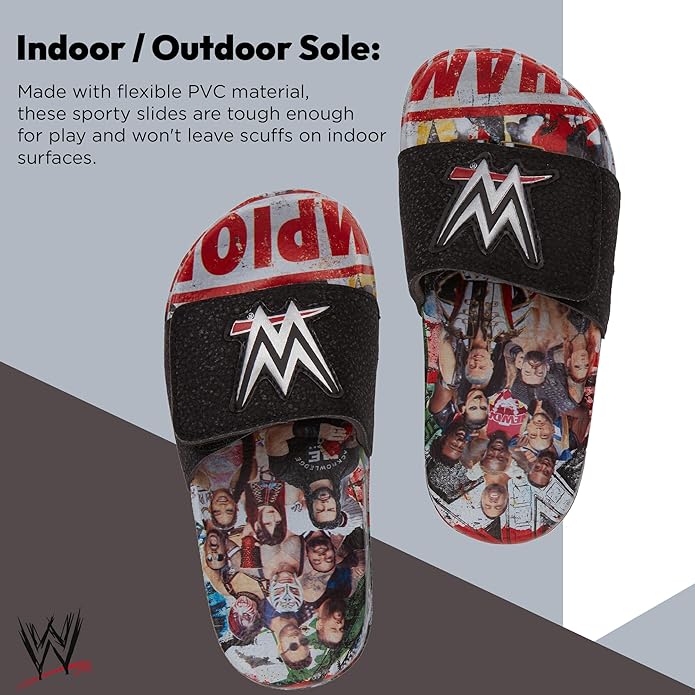 WWE Boys Slides Sandals – John Cena Roman Reigns Seth Rollins Championship Belt Pool Beach Slip On Shoes for Kids