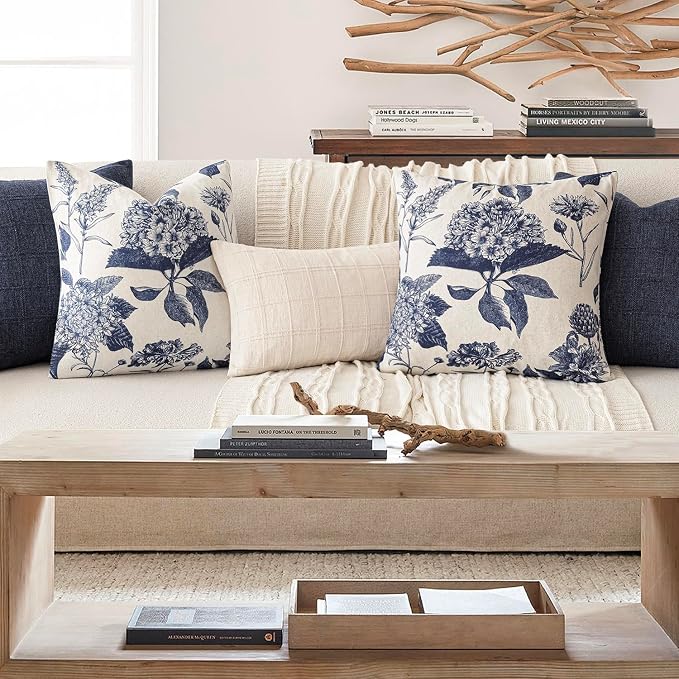 Foindtower Set of 2 Linen Floral Vintage Throw Pillow Covers Neutral Accent Print Decorative Cozy Cushion Covers Farmhouse Boho Home Decor for Sofa Chair Couch Bed Living Room,18×18 Inch,Navy Blue