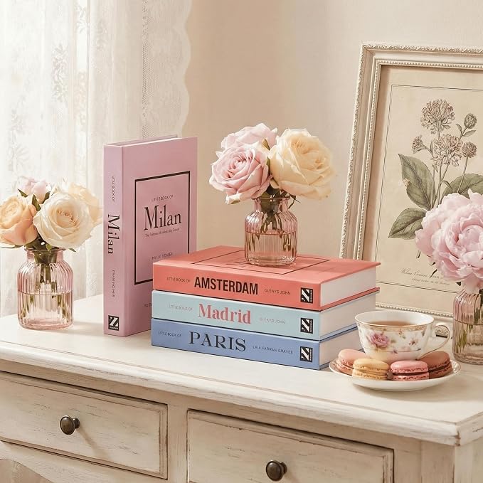 4 Pcs Decorative Books | Faux Pastel Coffee Table & Shelf Decor | Soft Muted Look for Living Room, Office and Entryway - Not Real, Tool-Free 2-Min Setup