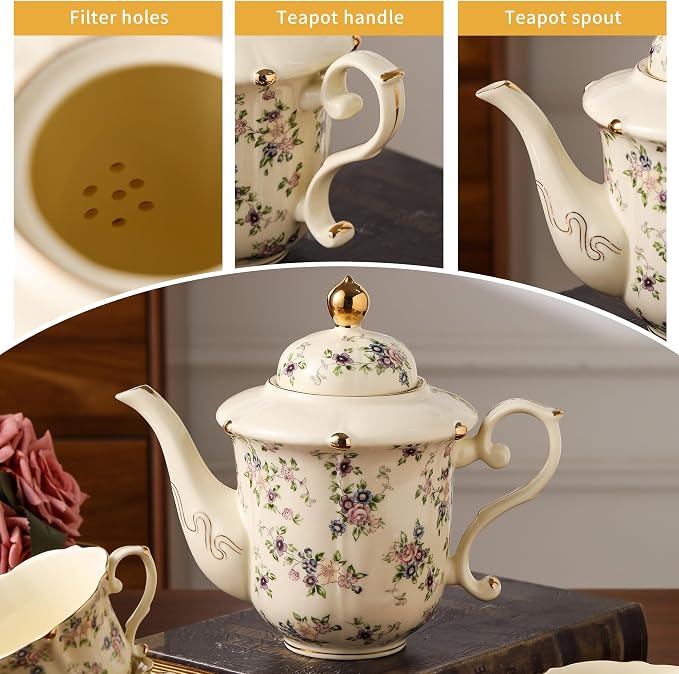 TATSUMI Country Roses Porcelain Tea Set, European Ceramic tea set for adults,Vintage Style, For Women and Tea Parties (Yellow, 13 Pieces Set)