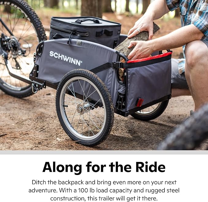 Schwinn Daytripper or Porter Bike Cargo Trailer, Holds up to 100 lb, Universal Coupler, Folding Frame, Quick-Release Wheels, 16-Inch Tires, Interior D-Rings, Schwinn Bike Trailer for Carrying Cargo