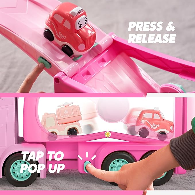 Vroomix Extra Large Toy Trucks for Toddlers, 3-Layer Princess Pink Trucks for Girls, 7-in-1 Big Carrier Truck with Siren & Lights and 6 Toy Cars, Christmas Birthday Gifts for Girls