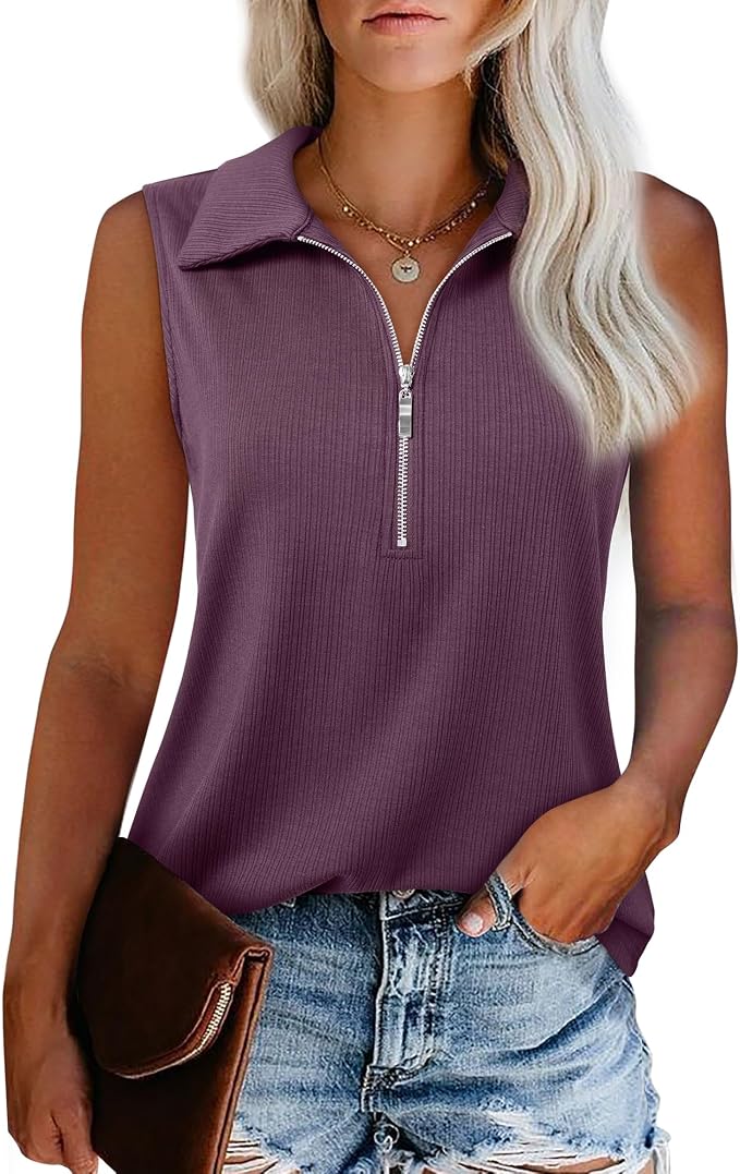 Vivilli Womens Ribbed Tank Top Zipper V Neck Dressy Casual Blouses Sleeveless Camisole Tops Work Tank Polo Shirts