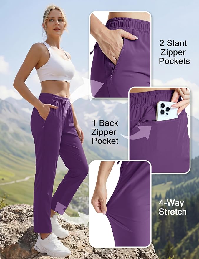 MAGCOMSEN Women's Hiking Pants Lightweight Quick Dry UPF 50 Water Resistant Elastic Waist Golf Travel Pants Zip Pockets
