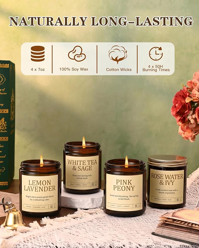 Scented Candles Gift Set, Long Lasting 4 Pack Aromatherapy Candles for Home | 28 oz 200 Hour Burn, Rose Water & Ivy, White Tea & Sage, Lemon Lavender, Pink Peony, Gifts