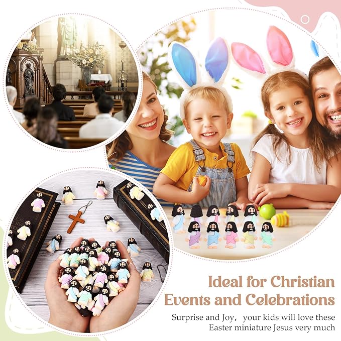 Bememo 300 Pcs Little Jesus Figures Bulk Original Design Mini Pocket Jesus Toys Rubber Figurine to Hide and Seek Religious Party Favors Sunday School Craft Baptism Gifts(Macaron Color)