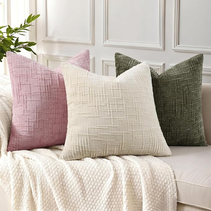 decorUhome Textured Chenille Throw Pillow Covers 18x18 Set of 2 Blush Pink | Fall Modern Farmhouse Soft Cozy Slubby Couch Pillow Cases Boho Decorative Pillow Cases for Bed Sofa Living Room Home Decor