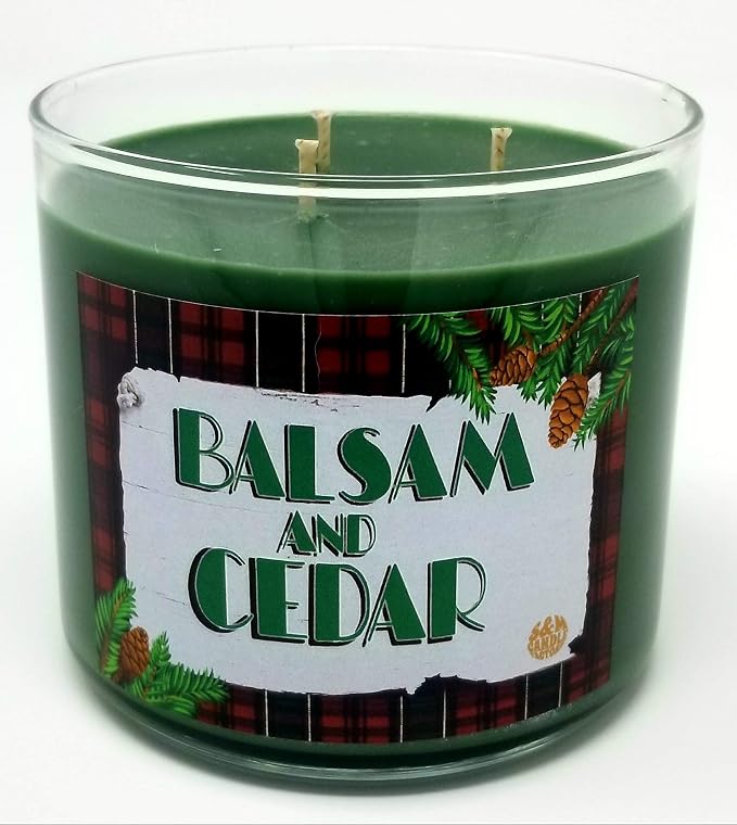 S&M Candle Factory Balsam & Cedar 3 Wick Scented Soy Wax 12oz - 14.5oz -16oz Candles ~ 75 to 100 Hour Burn Time ~ Aromatherapy Soy Candles ~ Made in USA (14.5oz, Green)
