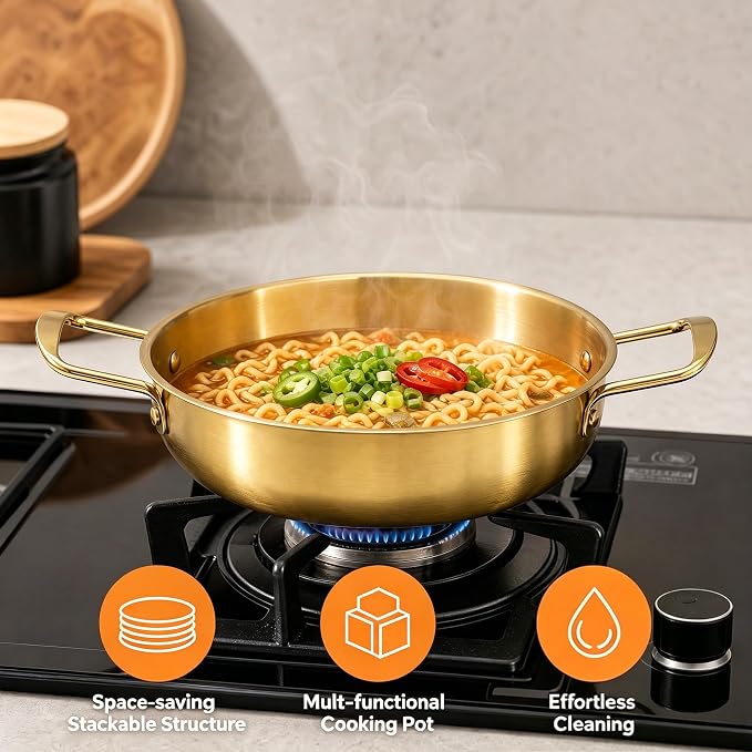 Okllen Set of 3 Korean Ramen Noodle Pot with Handles, Stainless Steel Everyday Pan, Golden Korean Cooking Pot for Soup, Noodle, Pasta, Home and Outdoor, Dishwasher Safe, Size 7", 8.7", 9.5"