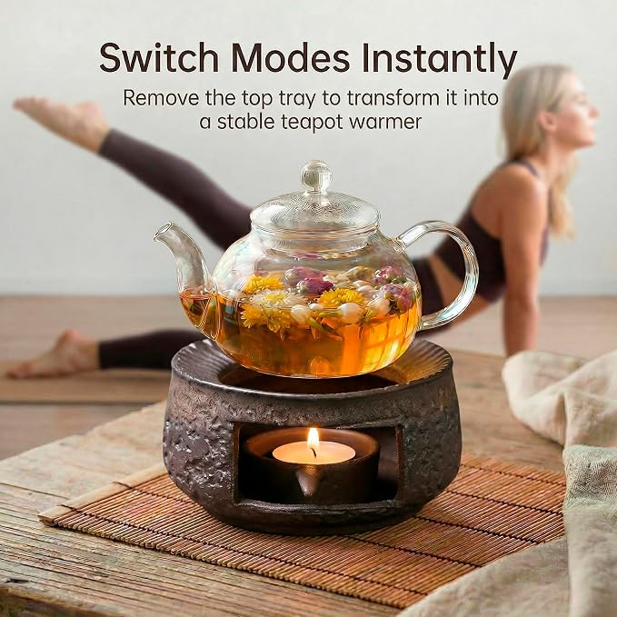 Ceramic Essential Oil Diffuser and Wax Melt Warmer, Aromatherapy Candle Stove Teapot Warmer, Handmade Zen Decor Incense Burner Palo Santo Holder for Home Fragrance Room (Classic Round)