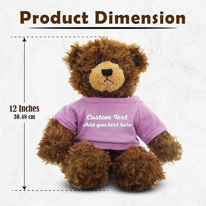 Customized Chocolate Brandon Bear - 12 inch Personalized Stuffed Bear Plush Toy - Perfect Custom Shirt Bear Gift for Graduation Valentines Graduation Easter Holidays (Pink Shirt)