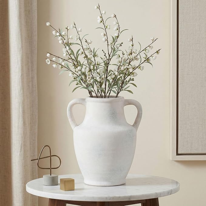 Ceramic Flower Vase with Handles, 8.66 inch Tall Ceramic Vase Farmhouse Rustic Vases Decorative Pottery Vases for Home Decor Living Room Bookshelf Table Centerpiece Desk Bathroom Fireplace, White