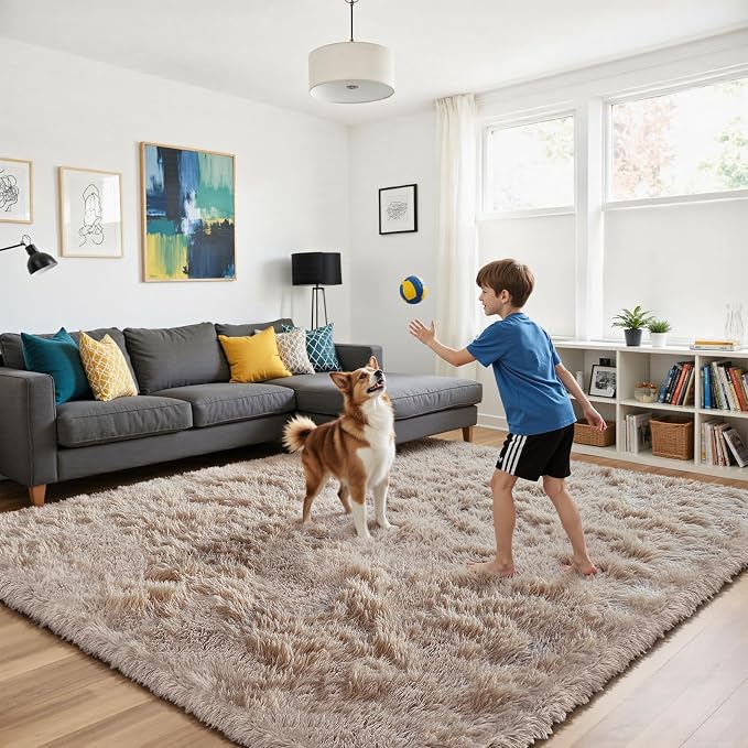 yongyangjuxin Fluffy Rug Shag Area Rug, Beige 8x10 Area Rugs for Living Room, Large Shag Area Rugs for Bedroom Room Home Decor, Upgrade Anti-Skid Rectangular Fuzzy Rugs