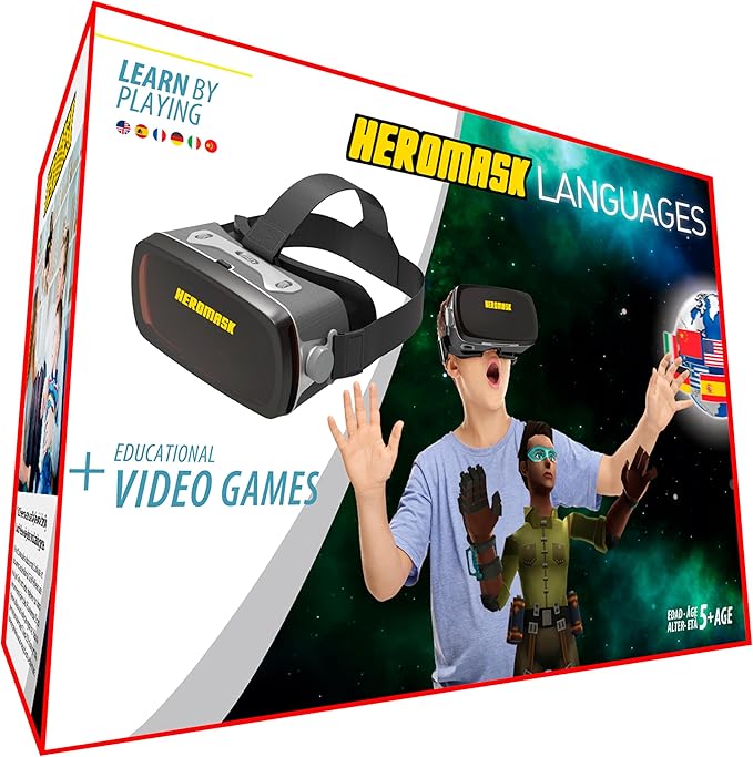 Heromask: VR Headset for Kids + Game System to Learn Spanish Italian etc [Language Learning] Virtual Reality for Kids. Kids Gifts for Boys and Girls for Age 5 to 12 Years Old. Educational