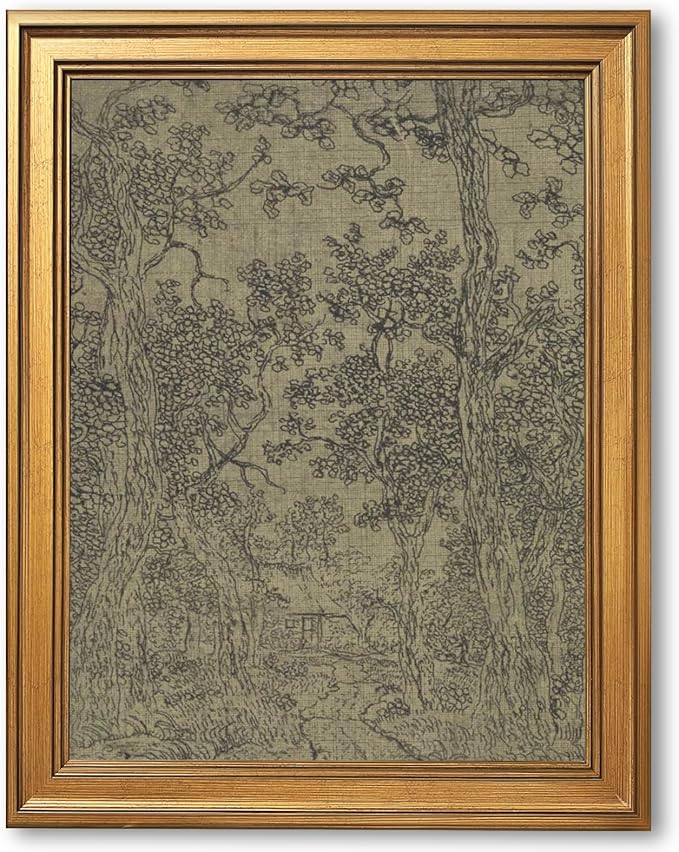 Gold Framed Antique Textile Landscape Sketch Wall Art Painting Moody Vintage Drawing Print Rustic Old-World Picture Poster Neutral Canvas Artwork for Living Room Study Entryway Home Decor 16x24inch