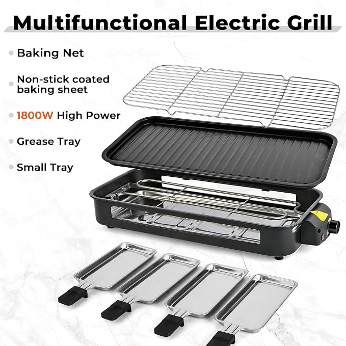 Pukomc Electric Indoor Grill,2 in 1 Indoor Grills for Kitchen | Grill Net & Non-Stick Cooking Removable Plate, Temperature Control, Dishwasher Safe, 1800W Large Smokeless