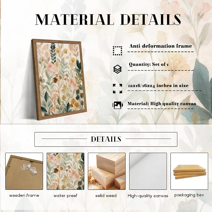 Framed Boho Floral Wall Art, Neutral Botanical Wildflower Canvas Wall Decor Painting, Vintage Flower Poster Print Picture for Living Room Bathroom Bedroom 16x24 Inch