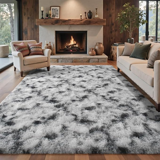 5x7 Ft Large Shag Rug for Living Room Bedroom,Tie-Dyed Ultra Soft Fluffy Furry Area Rug Kids Nursery Office, Aesthetic Carpet for Indoor Floor Home Decor (Black White)