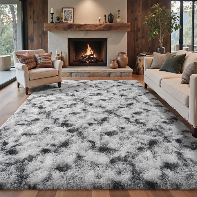 4x6 Ft Fuzzy Rugs for Living Room,Black and White Bedroom Area Rug Non-Slip,Carpet for Nursery Kids PlayRoom Indoor Modern Plush Carpets
