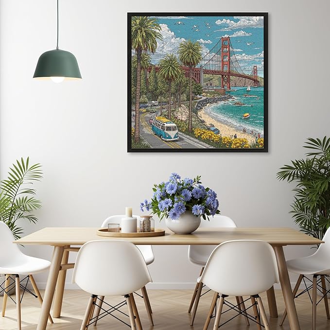 1000 Piece Jigsaw Puzzle for Adults, Cityscape Jigsaw Puzzle, Vibrant California Coastline with Golden Gate Bridge, Palm Trees & Tour Bus, Challenging Art Puzzle, 22.5 x 22.5 in