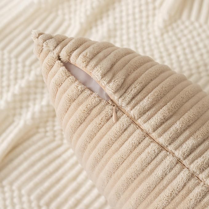 UGASA 14x20 Inch Pillow Cover Pack of 1 Soft Boho Stripe Corduroy Long Rectangular Lumbar Cushion Cover Farmhouse Decorative Throw Pillowcase for Bed, Couch, Sofa, Bedroom, Living Room, Beige