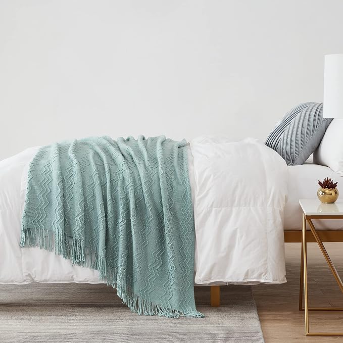 BOURINA Aqua Throw Blanket 50x90 Inch Boho Knitted Soft Throw Sofa Blanket | Knitted Throw Blanket 50x90 Inches, Soft Lightweight Boho Weave Throw Decorative Couch Blanket for Living Room Bed Runner