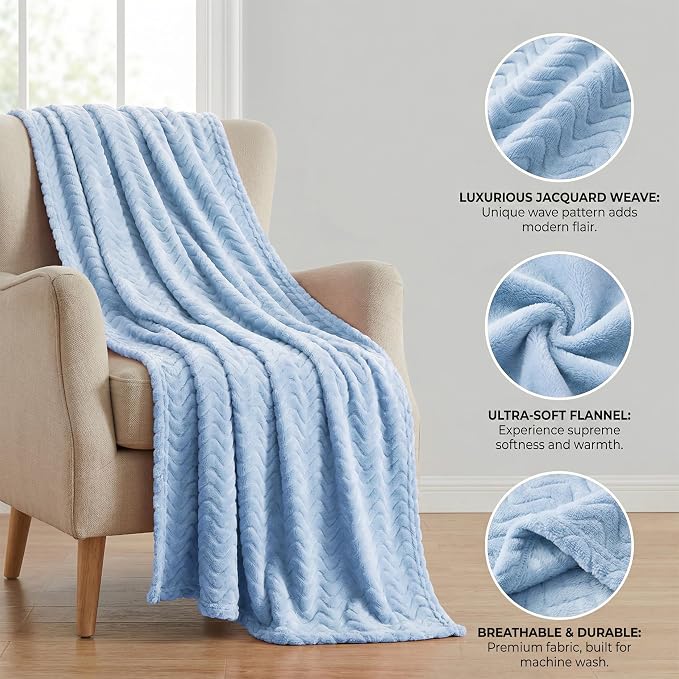 Exclusivo Mezcla Soft Fleece Blanket Twin Size for Bed, Sofa, Light Blue | 90"x66" Breathable Lightweight Flannel Blanket for Summer, Plush Cozy Jacquard Wave for Home Decor